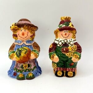 Vintage Hand-Painted Porcelain Scarecrow Salt & Pepper Shakers 4”